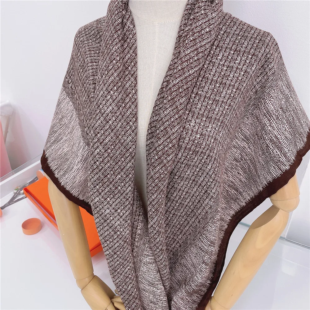 POBING Silk Cashmere Scarf Women Hand Rolled Shawls Striped Print Square Scarves Wraps Lady Bandana Big Hijabs Female Foulards