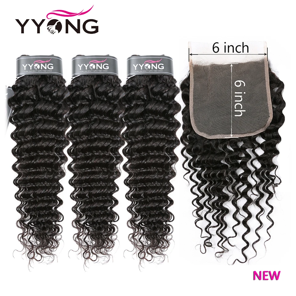 YYong 6X6 Deep Wave Closure With Bundles 30inch Brazilian Human Hair 3/4 Bundles With Lace Closure With Baby Hair