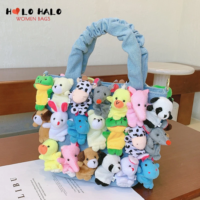 Fashion Women Denim Bucket Cartoon Toy Decoration Handbags and Purses for Female Cute Dolls Design Shoulder Bags Crossbody Bags