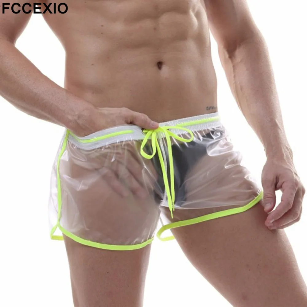 FCCEXIO Fashion Men Underwear See Through Boxer Trunks PVC Waterproof Men Performance Boxers Shorts Transparent Men Gay Wear