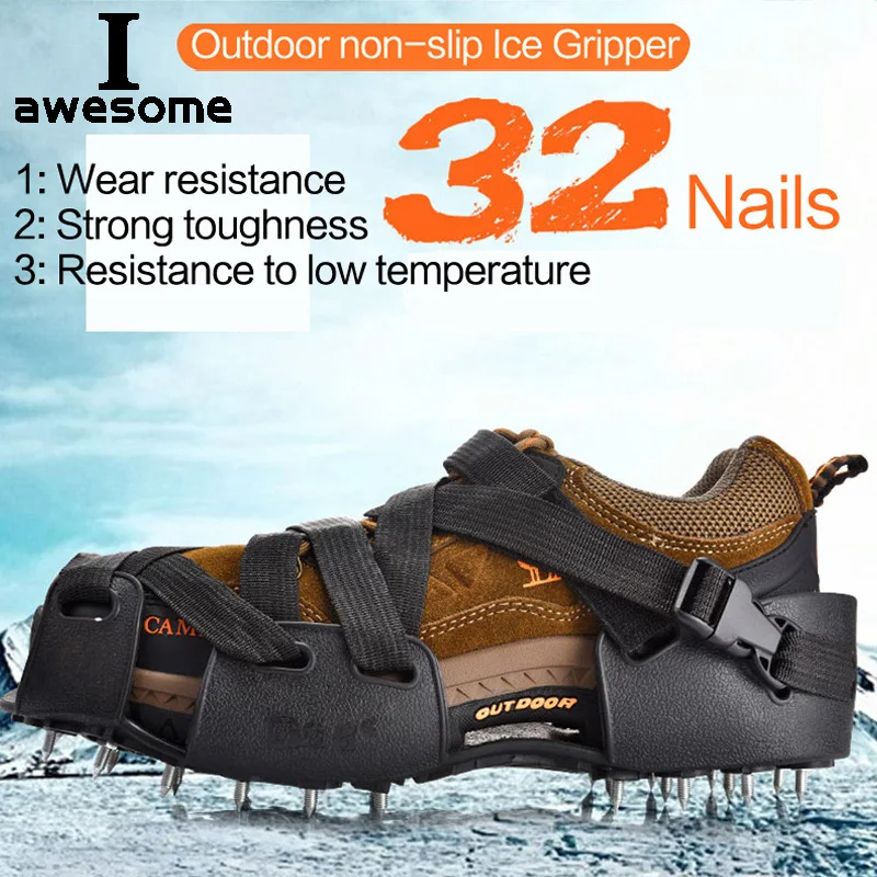 New 32 Teeth nail Ice Gripper Spike Shoes Anti-Slip Anti-Skid Non-slip Shoe Covers Snow Ice Crampons Cleats Grips Climbing Boots