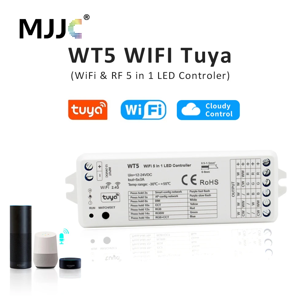 Tuya RGBCCT Controller LED 12V 24V DC 2.4G RF Telecomando senza fili RGBWW RGB CCT Driver WIFI Dimmer Supporto Alexa Echo WT5