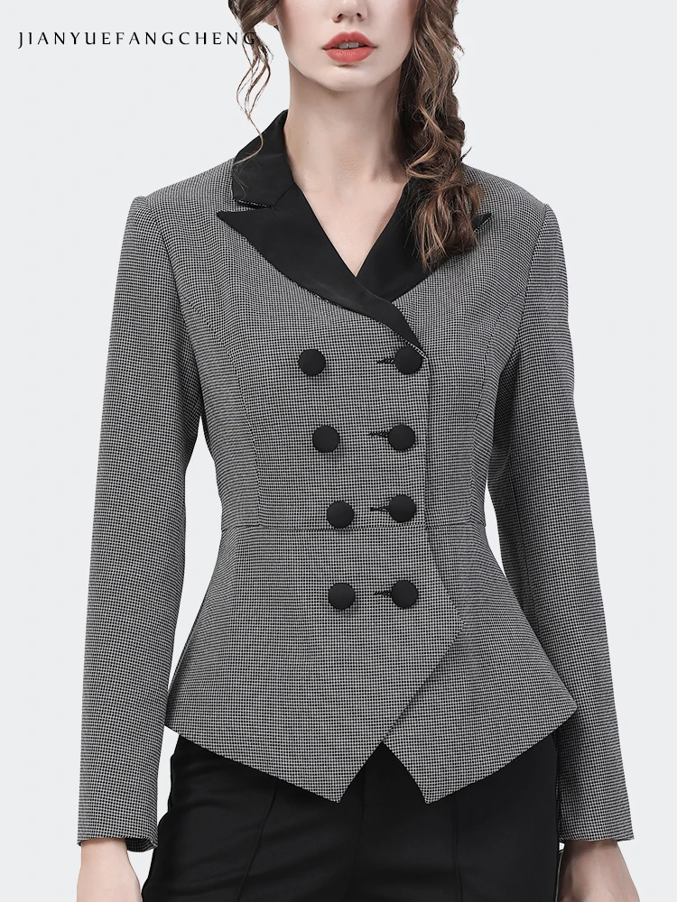 Vintage Grey Plaid Women Blazer Elegant Slim Office Ladies Coat Short Slim 2021 Autumn New Female Work Wear Suit Tops