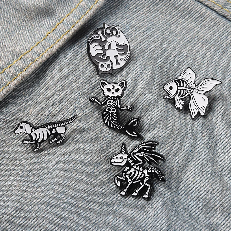 Creative Trendy Cartoon Cat Dog Bird Animal Skeleton Oil Drop Lapel Brooch Badges  Pin Denim Bag Gift Men Women Fashion Jewelry