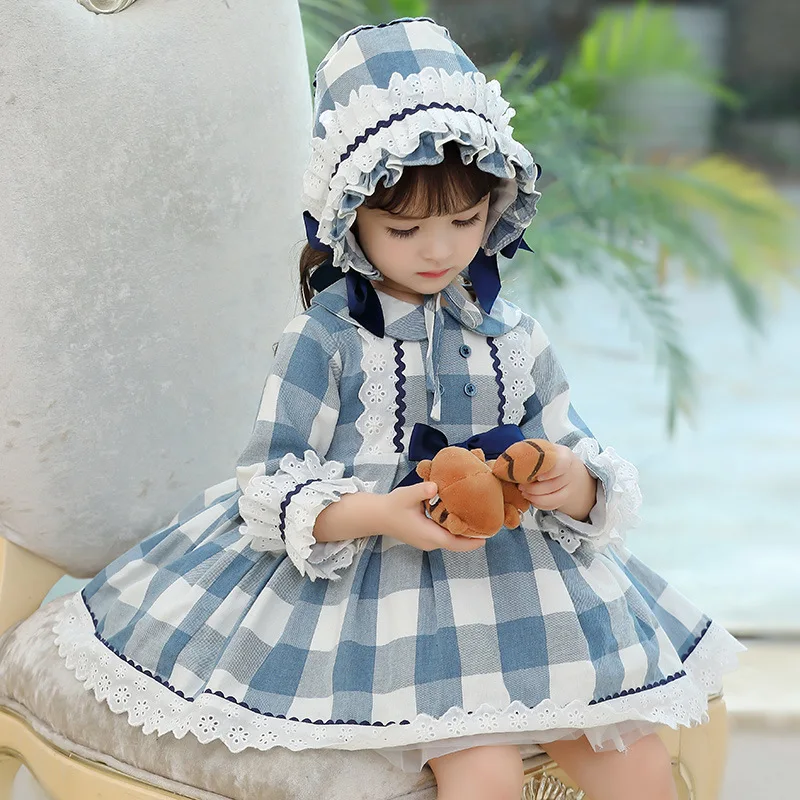 Children Cute Dress Girl Lolita Princess Ball Gown Long Sleeve College Baby Kids Dresses infant Vintage Plaid Robe  Vestidos