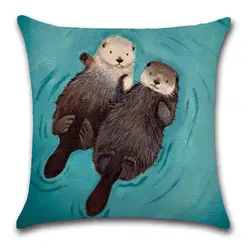 Romantic Otter Printed Cushion Cover Cotton Linen Cute Otter Pillow Case Car Sofa Decorative Pillowcase Cover funda de almohada