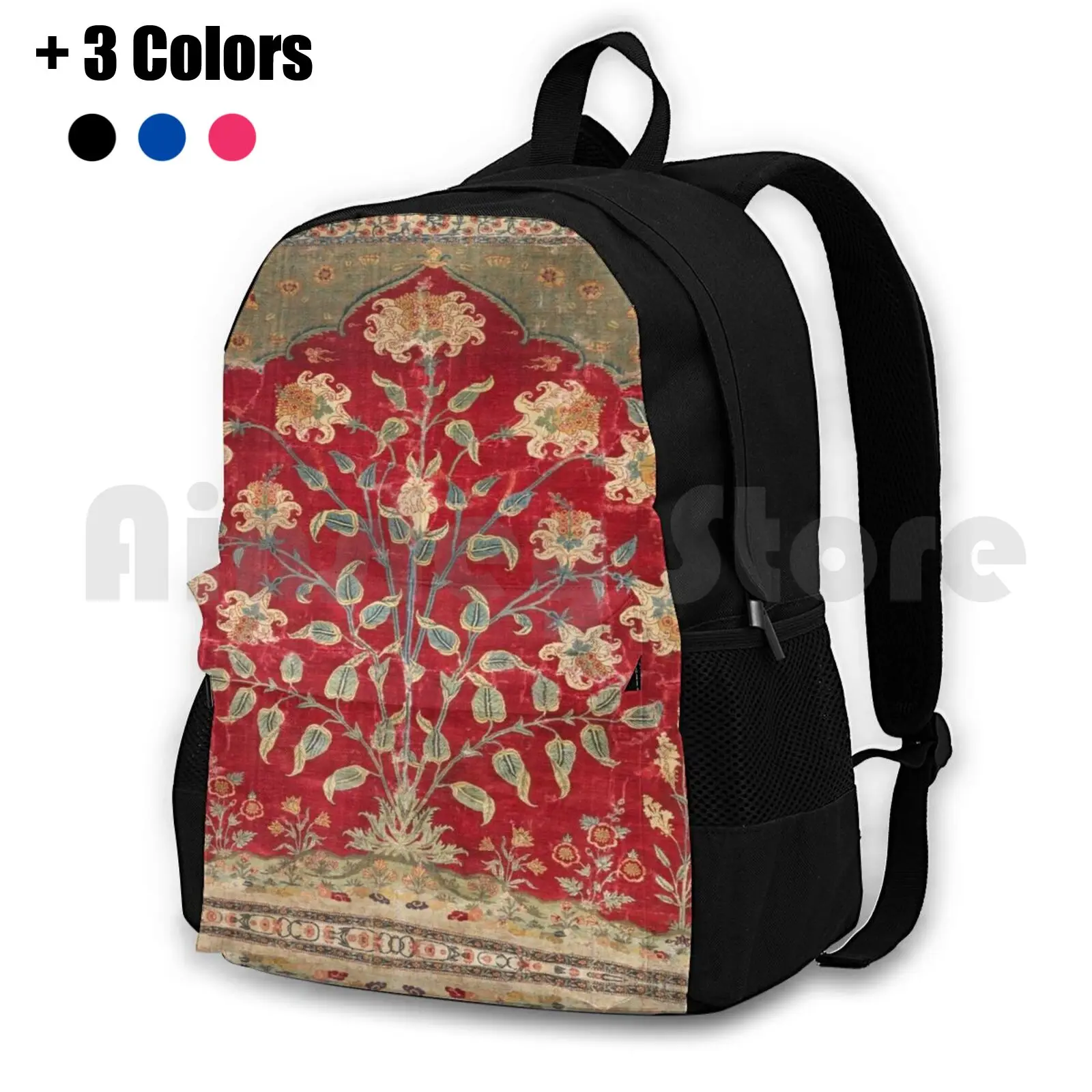 Indian Floral Rug 17th Century Fine Art Print Outdoor Hiking Backpack Riding Climbing Sports Bag Vintage Vintage Rug Carpet