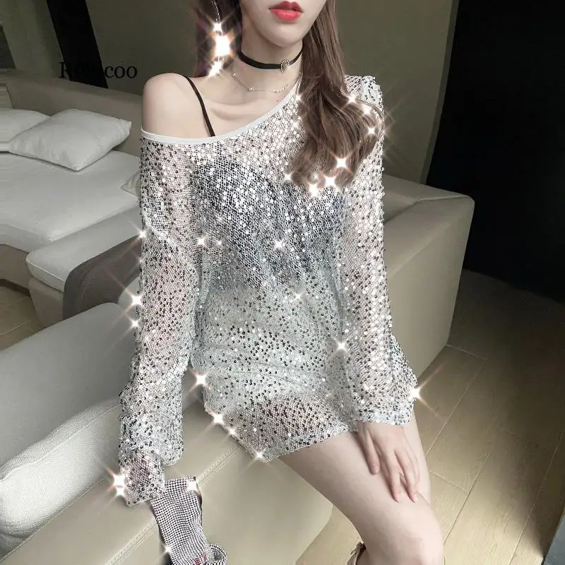 

2020 new design sexy hollow sequined female T-shirt spring and summer loose net popular hot fashion brand women's clothing