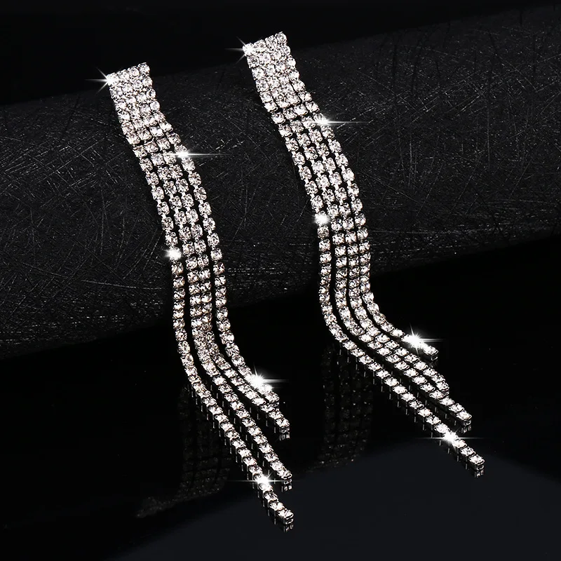 New Bridal Long Silver Color Tassel Dangle Earrings Sparkling Rhinestone Crystal Wedding Jewelry For Women Accessory Gift