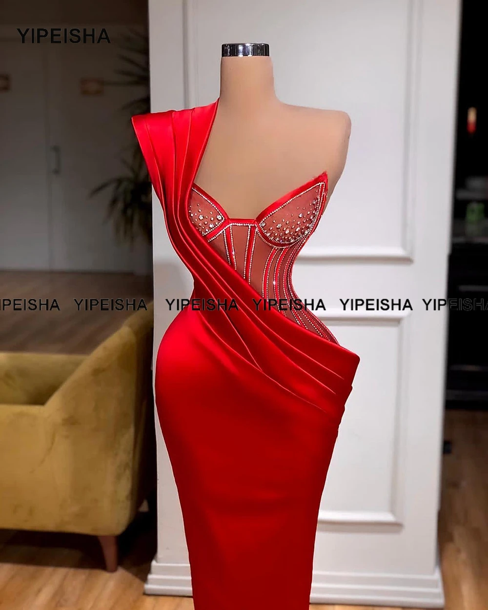 Yipeisha Red Mermaid Evening Dresses One-shoulder Pleated Glitter Pageant Dresses Long Black Satin Prom Party Gowns Customized