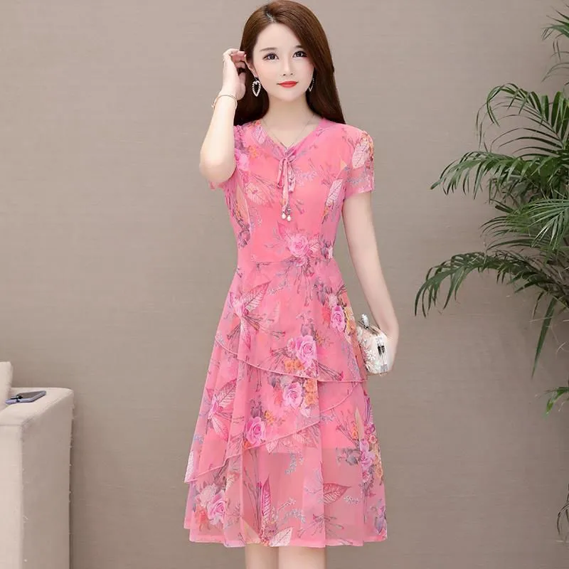 

Plus Size Women Chiffon Elegant Floral Print Lace Up Loose Slim Short Sleeve A-Line Pink Orange Holiday Cocktail Dresses