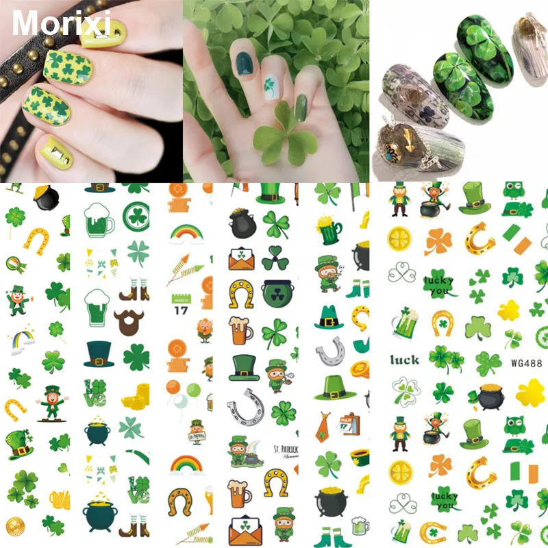 

Morixi nail art sticker for St. Patrick's Day green leaves owl hats printing ultra thin back glue nail art decals WG056