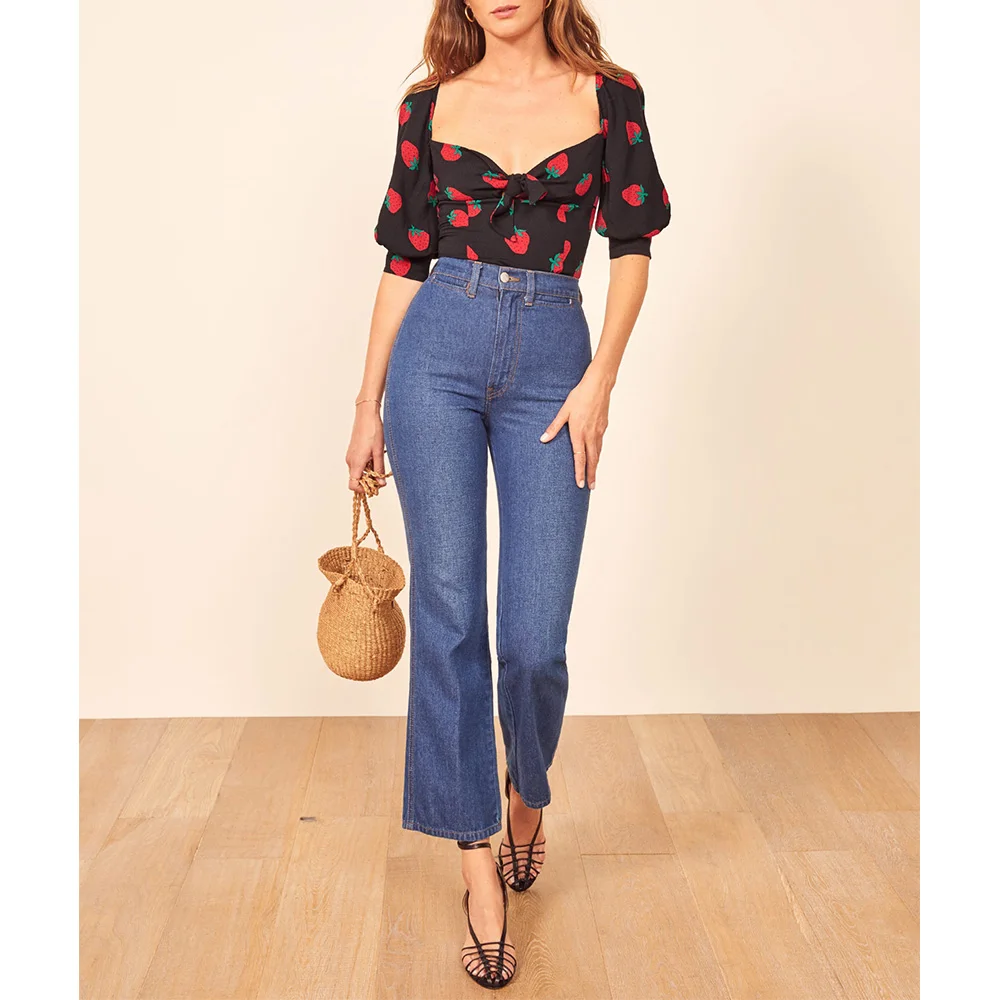 Blouses Women Casual 2021 Fashion Sweetheart Neck Tie Bow Strawberry Print Blouse Back Smocked Slim Fitted Puff Sleeve Crop Top