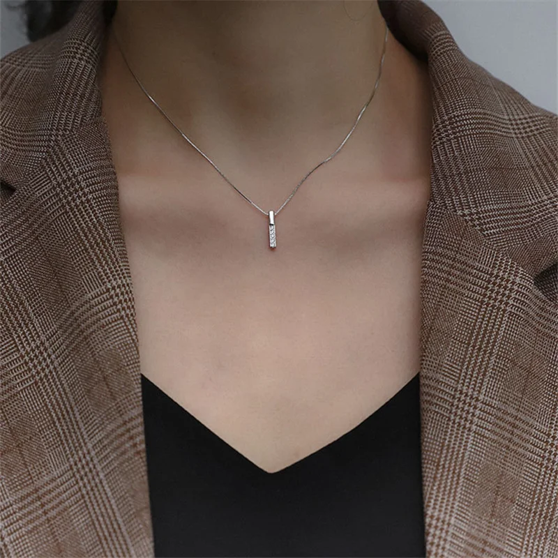 

New Arrived 925 Sterling Silver Zircon Rhinestone Strip Shape Pendant Necklaces Women Hot Jewelry Accessories Gift
