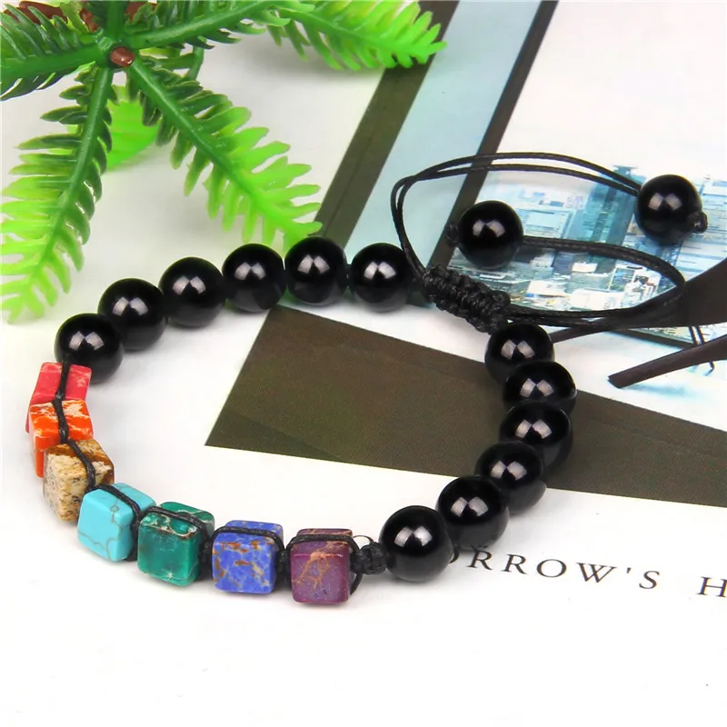 Natural Stone Beaded Bracelet Handmade 7 Chakra Square Beads Charm Bracelets Adjustable Healing Energy Jewelry for Men Women