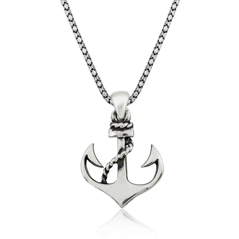 Silver Sea Anchor Men's Necklace 925 Sterling Men Jewelry Wedding Party Birthday Gift - Box - Pendant - Chain Choker - Man - Fashion