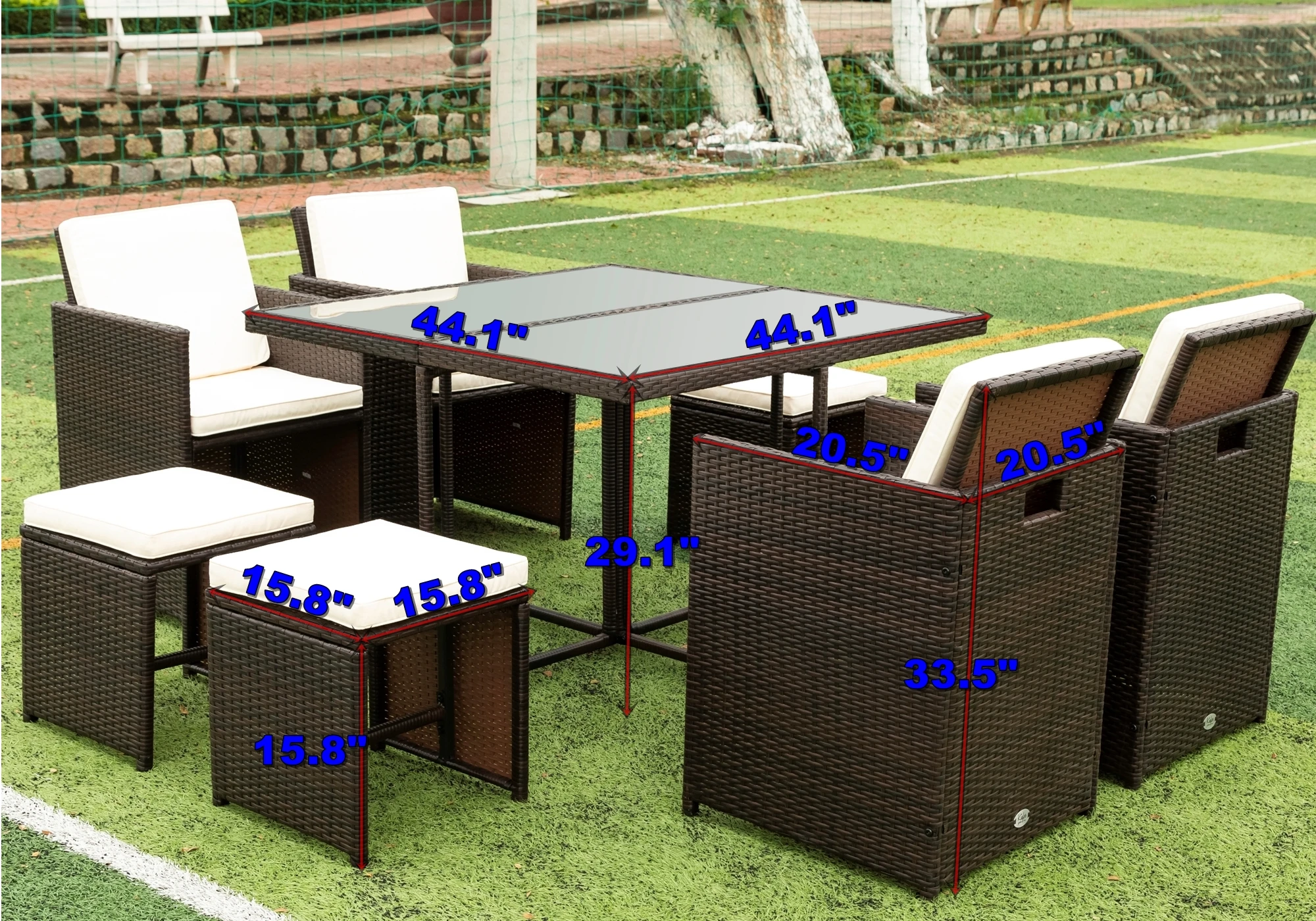 Patio 9 Pcs Dining Set Outdoor Furniture Space Saving Rattan Chair Table Cushioned Seating&Back Sectional Conversation[US-Depot]