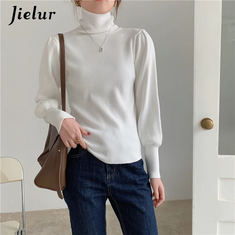 Jielur Blue Turtleneck knitted Sweaters Female New Autumn Winter All-match Slim Bottoming Tops Black Puff Sleeve Women Pullovers