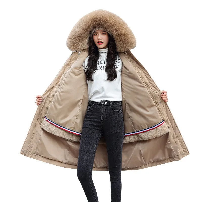 

Winter Women Cotton Parka Coat Faux Fur Hoody Lining Lady Warm Long Overcoat Plus SizeL F2202