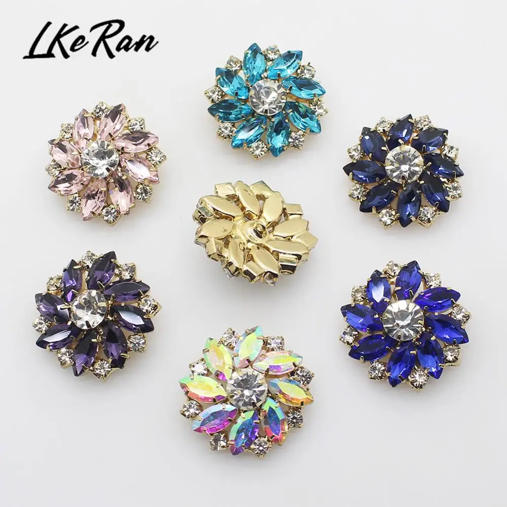 NEW 28mm 1Pcs Shiny Glass Crystal Rhinestone Button Flower Shank Button DIY Gold Metal Sewing Decorative Clothing Accessories