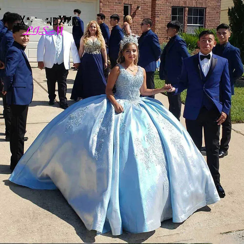 فستان Quinceanera أزرق سماوي بدون أكمام حلو 16 فستان حفلة للفتيات من الدانتيل للحفلات الراقصة فساتين سهرة طويلة أنيقة