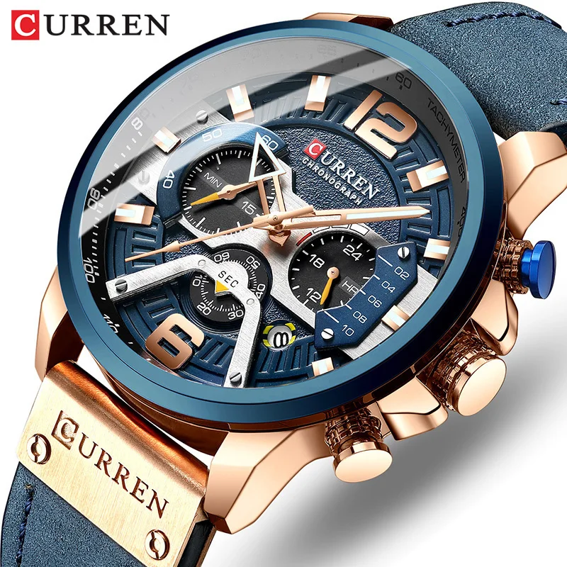 CURREN nouveaux hommes sport décontracté chronographe bleu haut marque de luxe militaire en cuir montre calendrier horloge Relogio Masculino