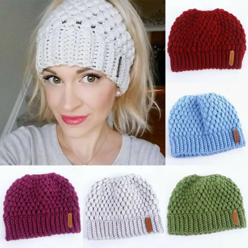 Women Girls Hat Messy High Bun Ponytail Beanie Stretch Knit Winter Warm Hole Cap Hot