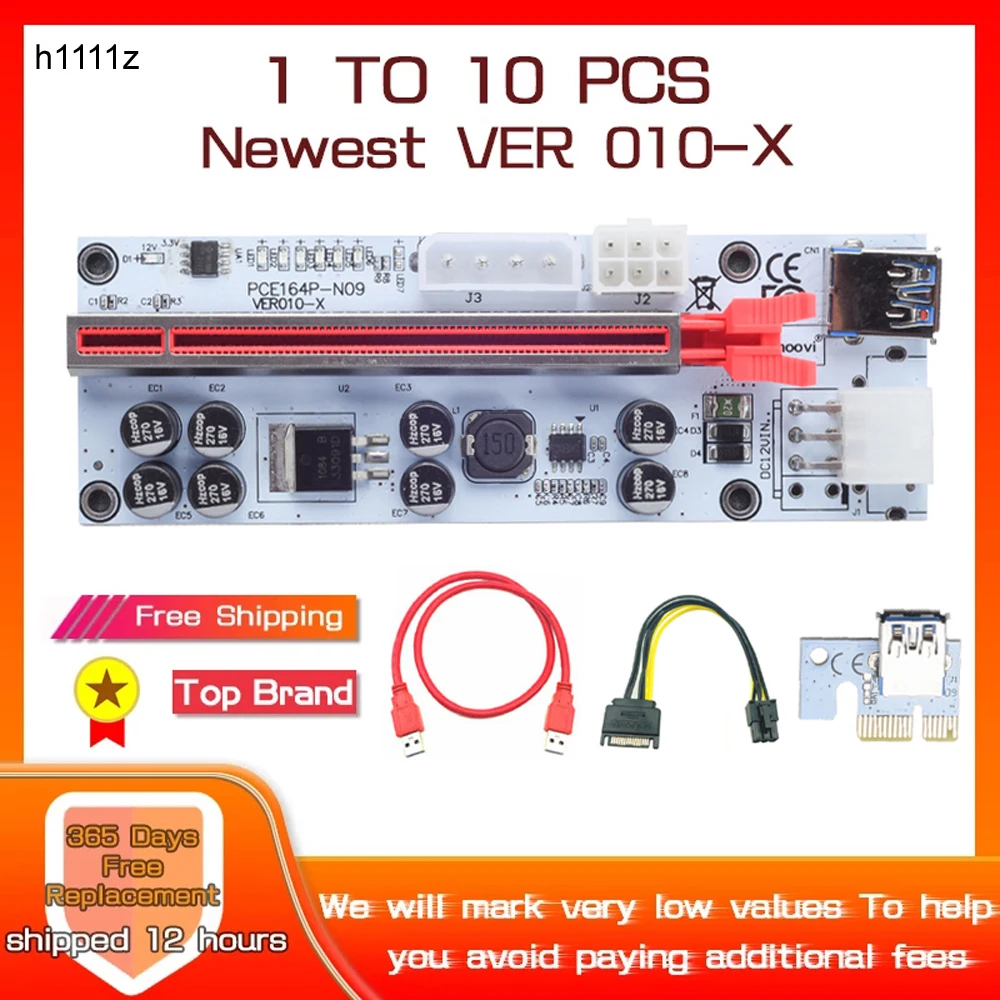 1 ZU 10PCS VER010-X PCIE Riser 010 Riser PCI Express X16 Riser Für Video Karte 4Pin 6Pin Power 8 kapazität LED Für Bergbau Bergmann
