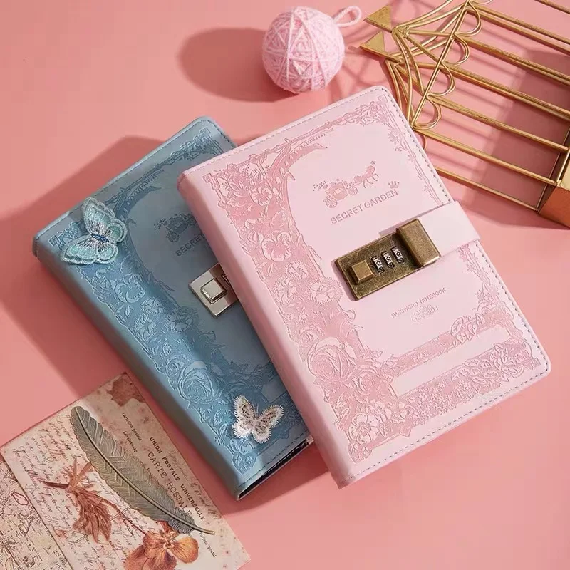 Retro Password Notebook Butterfly modeling with Lock line Diary Journal PU Notepad Planner School Stationery Supplies