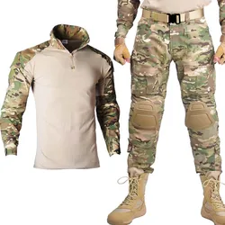 Tactical Casual Men Sets Polo Shirts and Camouflage Cargo Pants Elbow Knee Pads Male Suits Outdoor Hiking Training Clothing