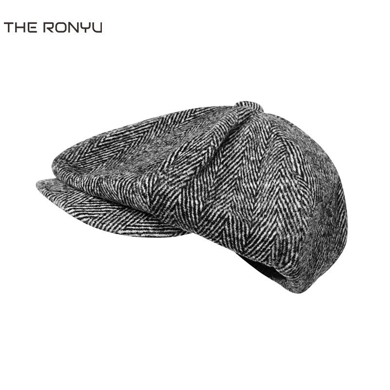 Newsboy Hat Men Gray Wool Octagonal Cap Spring Autumn Winter Herringbone Baker Boy Hat Men\'s Stylish Caps Eight-Blade Cap NM06