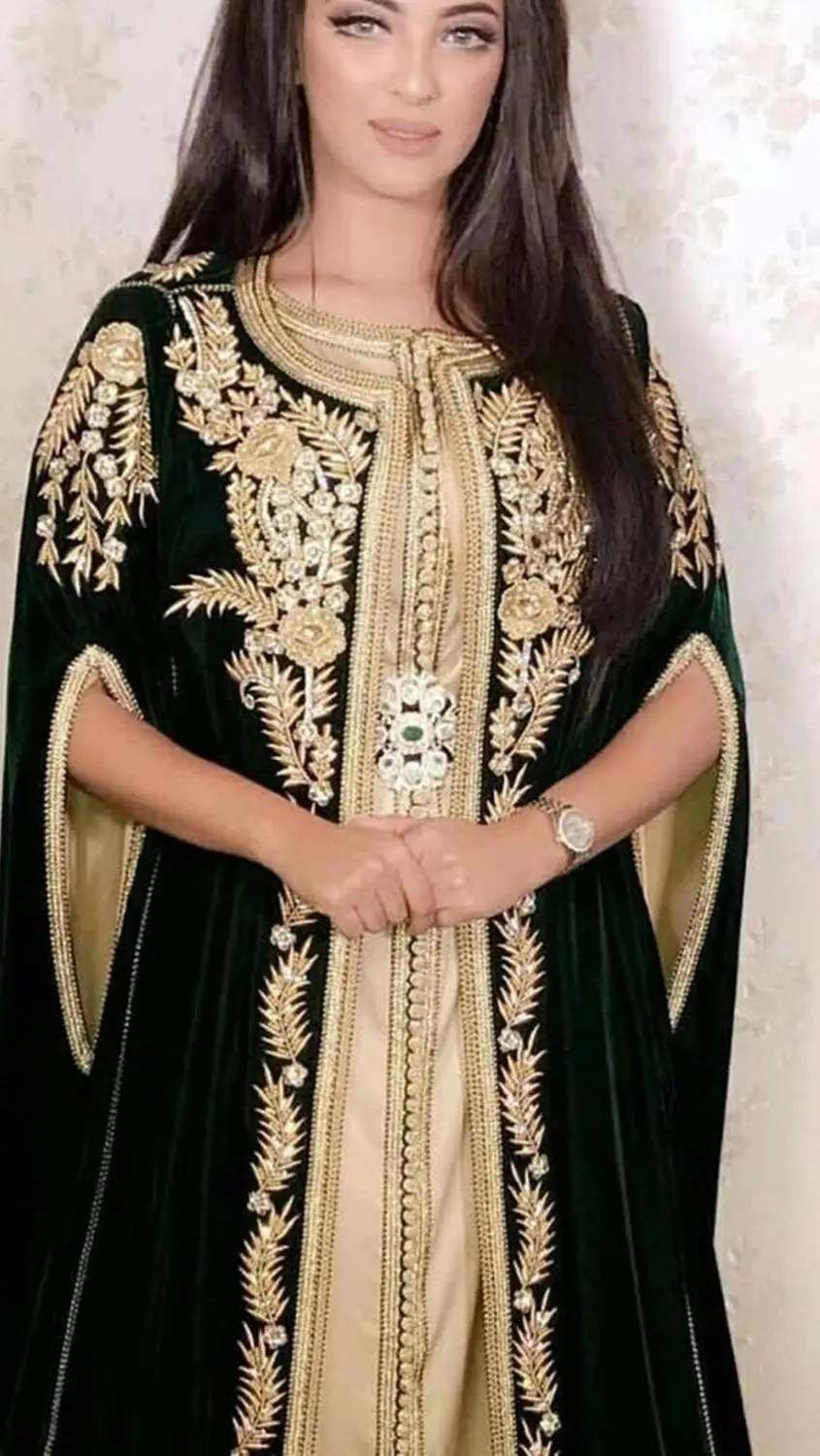 Robe de soirée arabe avec veste, appliques de broderie, abaya marocaine, robe de soirée, 2 pièces