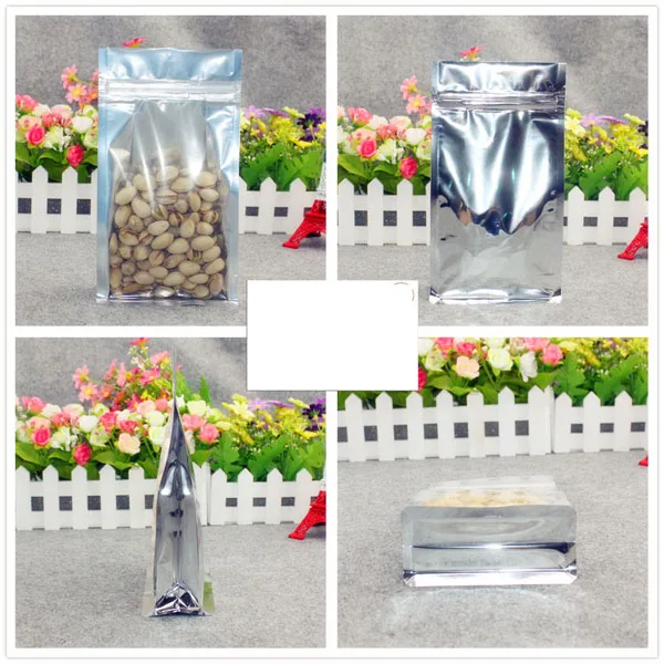 Clear Silver Aluminum Foil Stand Up Food Storage Zip Lock Self Seal Pack Bag Side Gusset Zipper Pouches 100PCS packaging