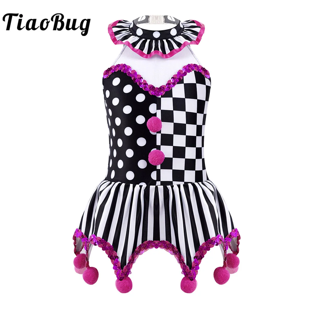 Circus Clown Joker Costume Kids Girls Halloween Cosplay Role Play Black And White Grid Pompoms Adorned Leotard Dress