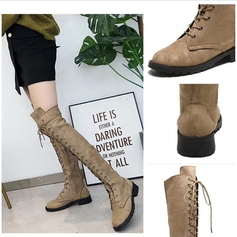 2024 Lace-up Over-the-knee Boots Women's Chamois Leather Shoes Personality Plus Size Side Zipper Design Fashion Flat Daily Wear