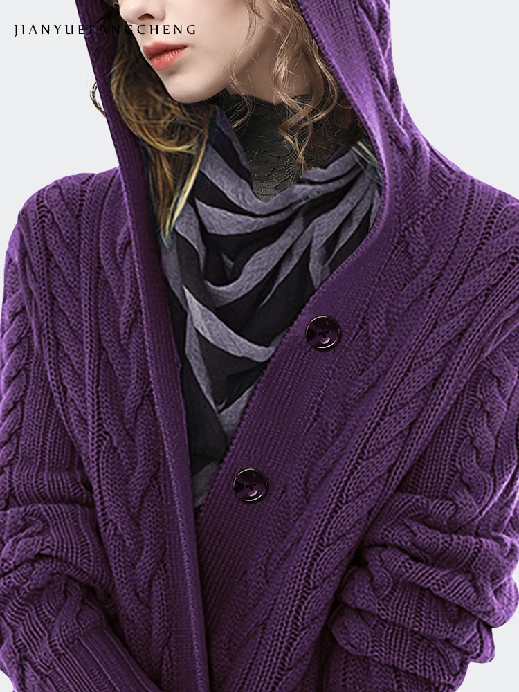 Fashion Women Hooded Purple Wool Sweater Outerwear Knitted Cardigan 2021 Autumn New Knit Tops Twisted Loose Casual Sweaters