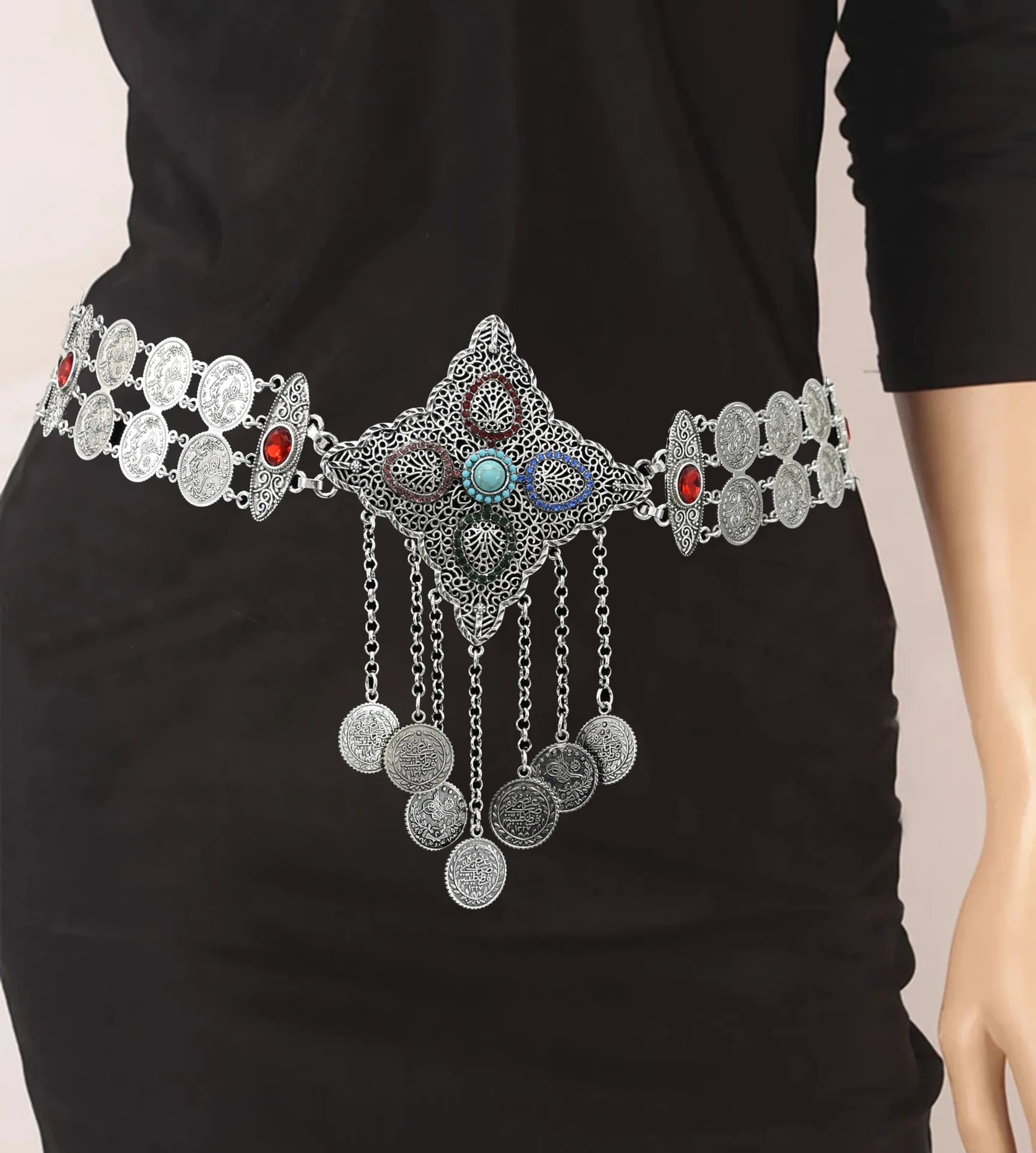 

Afghan Vintage Boho Coin Long Tassel Belly Dance Waist Body Chains for Women Blue Stone Dance Dress Belt Metal Body Jewelry