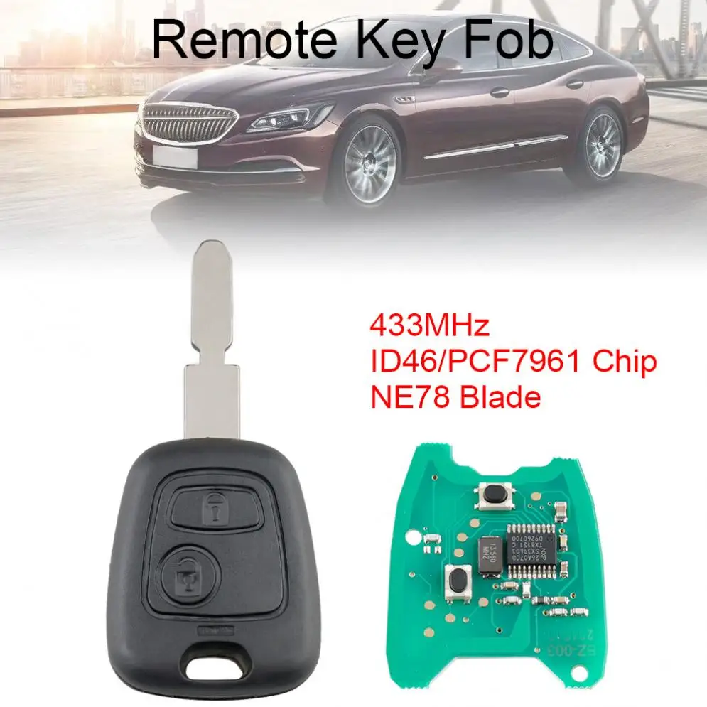 433Mhz 2-przyciskowy zdalny kluczyk samochodowy z chipem ID46 / PCF7961 i ostrzem NE78 pasujący do Peugeot 406 407 408 607 Keyless Entry System