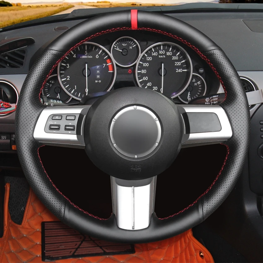 Hand Sew Red Marker Black Leather Car Steering Wheel Cover for Mazda MX-5 Miata 2009-2013 RX-8 2009-2013 CX-7 2007-2009