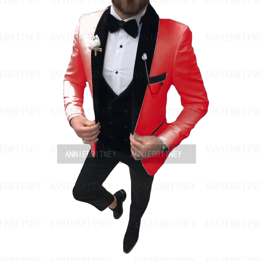 

New Arrival Slim Fit Man Suit Shawl Lapel Business Casual Evening Dress Tuxedo Set 3 Piece Red Blazer Black Pant And Vest