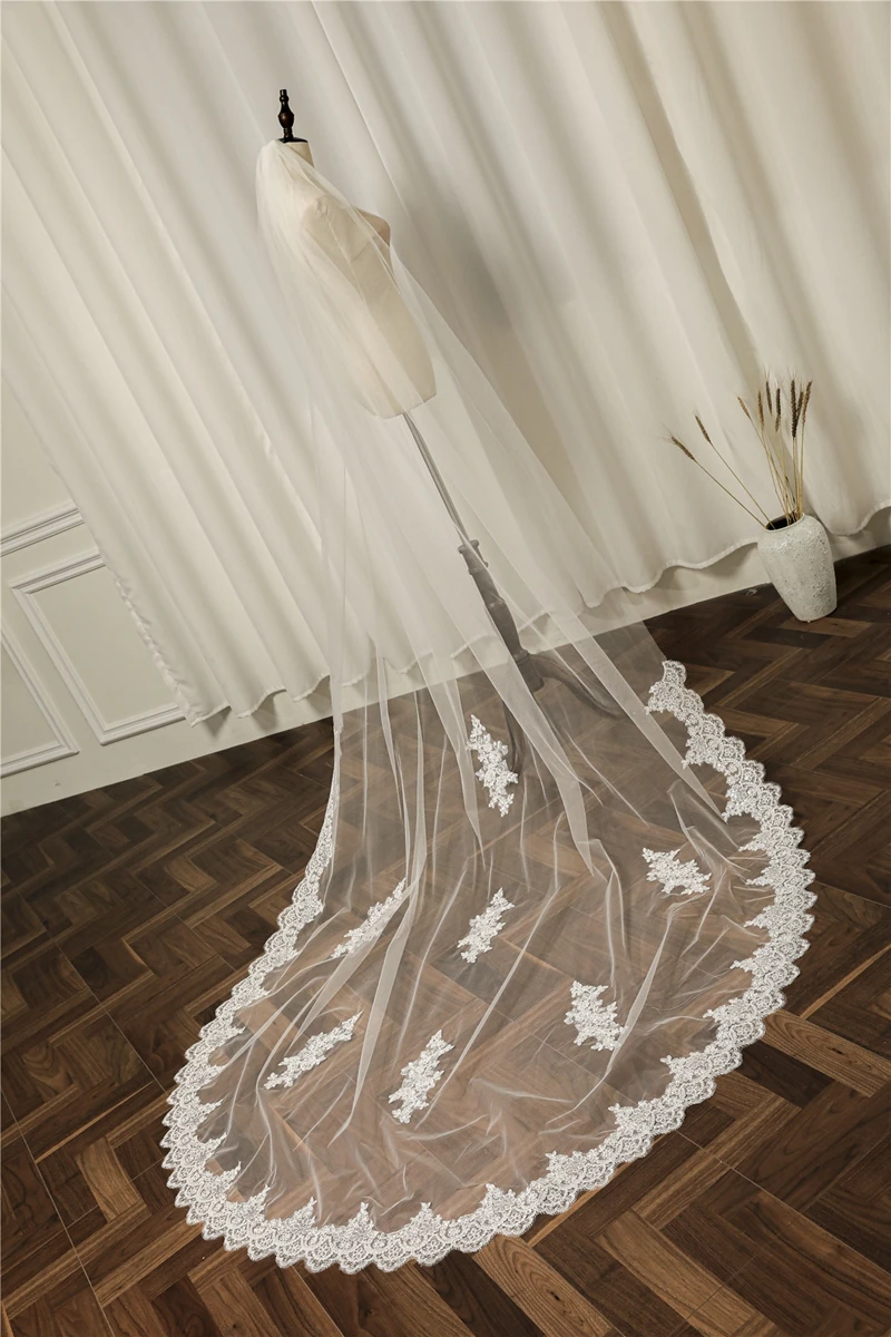 New Arrival 3M White Ivory Wedding veils Lace Appliques Cheap wedding accessories Bride Velos de novia Boda Bridal veil