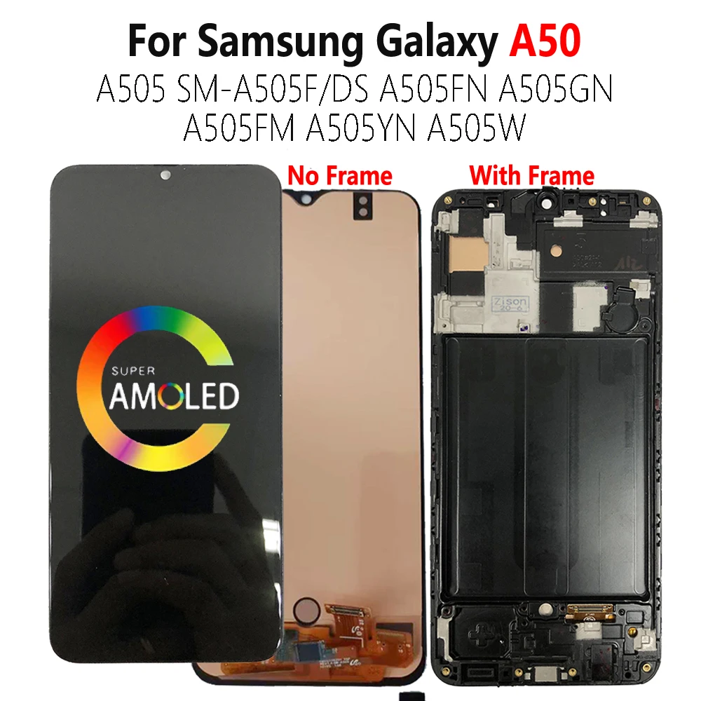 Super AMOLED A50 LCD For SAMSUNG Galaxy A505 A505F/DS A505FN Display Screen Touch Sensor Digitizer Assembly With Frame Module