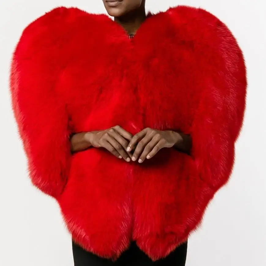 Red Love Heart Faux Fox Fur Shaped Cape Long Hairy Shaggy Coat Women Thick Warm Outwear Tops