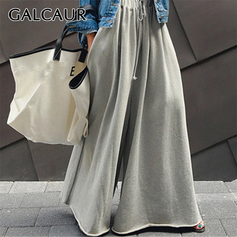 

GALCAUR Casual Trousers For Women High Waist Drawstring Loose Ruched Plus Size Solid Wide Leg Pants Female 2021 Spring Clothing