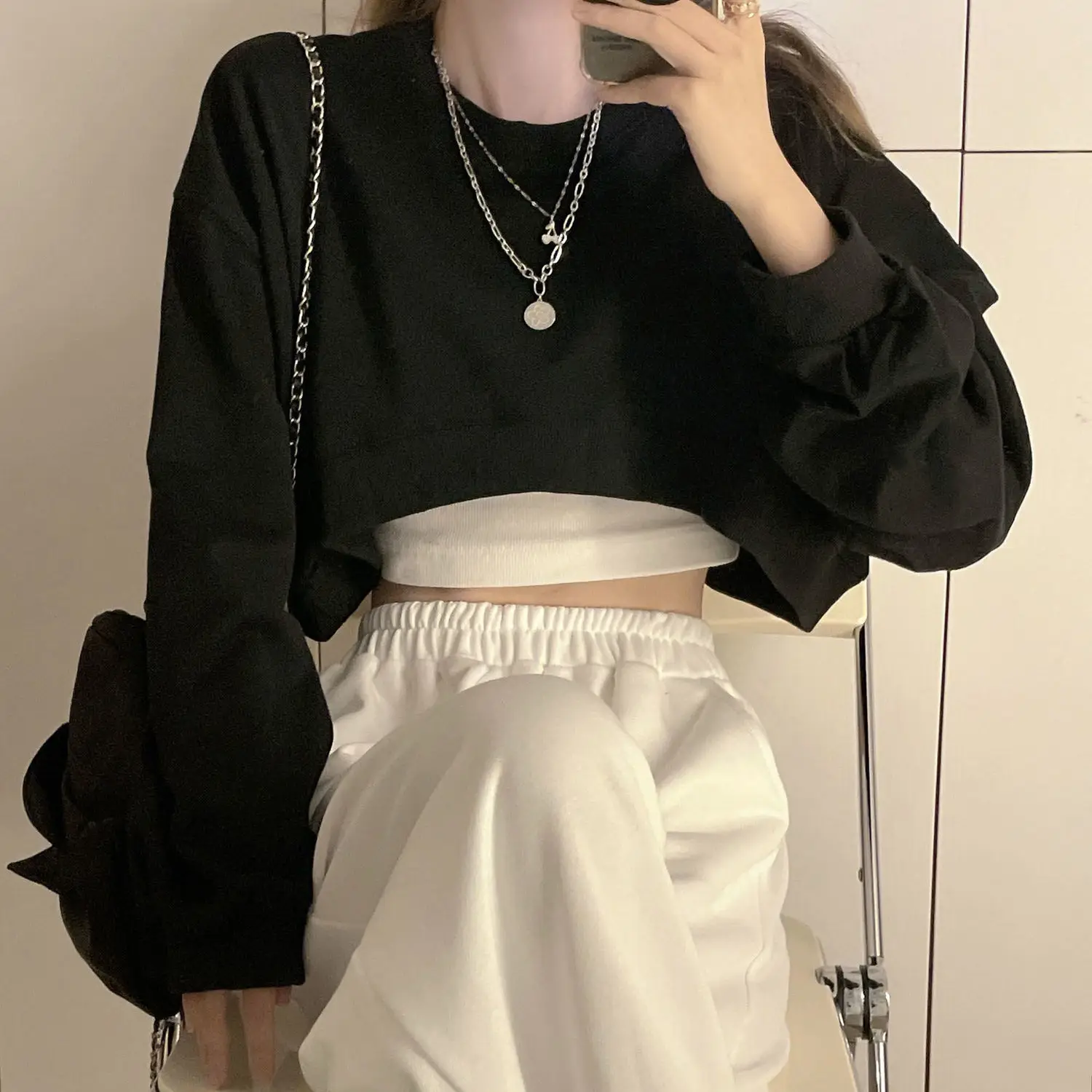 Sweatshirts Women Solid Cropped Sexy Loose All-match Navel Early Autumn Casual Harajuku Simple Pullover Aesthetic Clothes Mujer