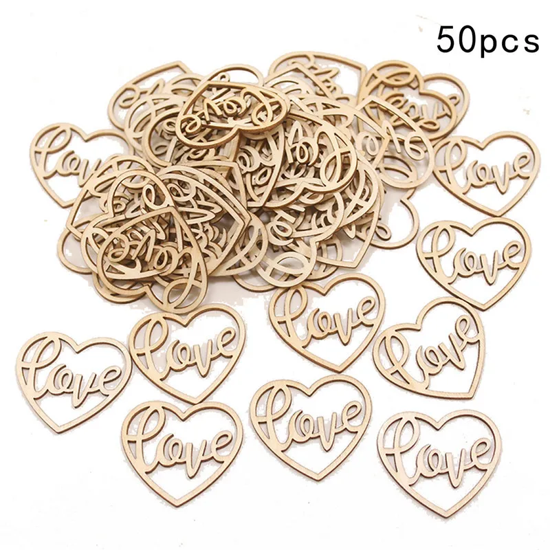 50pcs Wooden Love Heart Shape Slices Hollow Unfinished Wood Cutout Art Craft for Wedding Party Children DIY Pieces