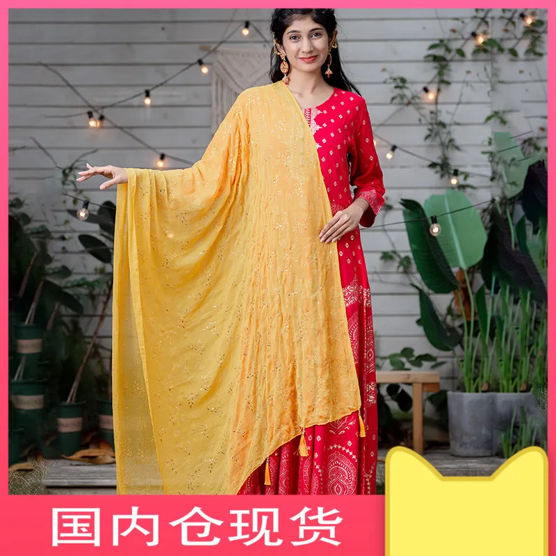 

2020 Spring Summer India Dance Scarf Woman Fashion Soft Yellow Ethnic Styles Dupattas Beautiful Comfortable Embroidered Shawl