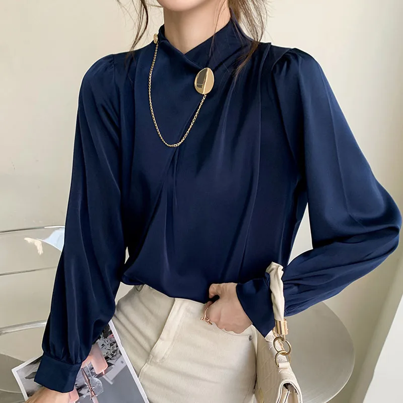 Vrouwelijke Knop Chiffon Lange Mouw 2021 Herfst Nieuwe Blouse Satijn Vrouw Royal Blauw Geel En Wit Solid Elegant Blusas 1311