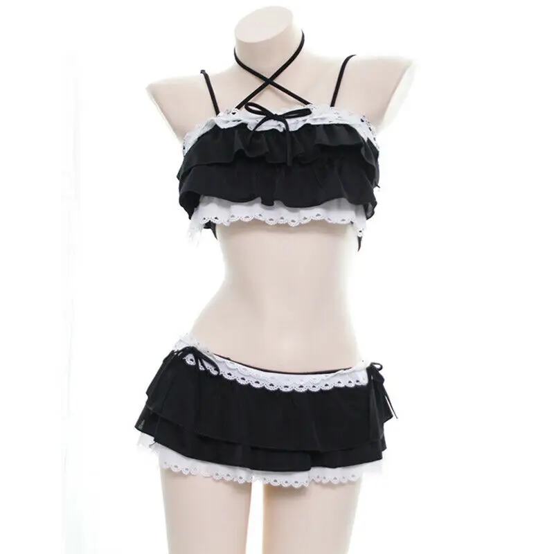 Bikini Kerut Lolita Perempuan Lucu Cosplay Sukuwaku Baju Renang Warna Merah Muda dan Hitam Kelim Berlapis Berongga Pakaian Renang Wanita Biquini