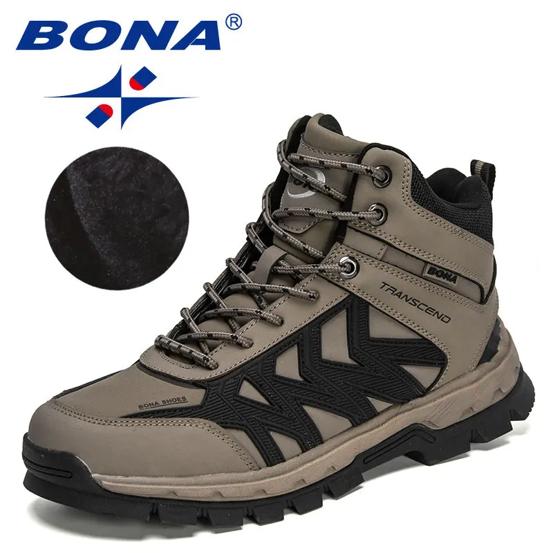 BONA 2022 New Designers Outdoor Fashion Leather Boots Men Ankle Boots Short Plush Winter Warm Boots Man Plush Hiking Footwear